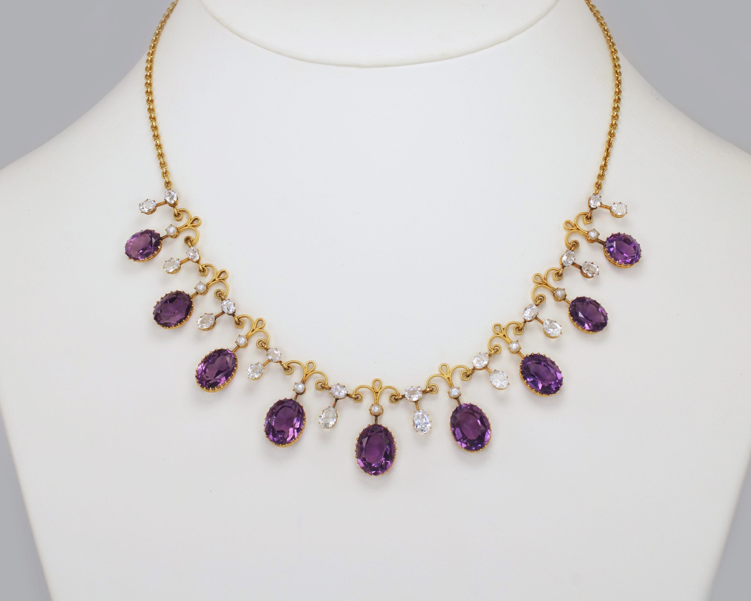 Victorian Amethyst Goshenite & Pearl 15ct Gold Garland Necklace - The ...
