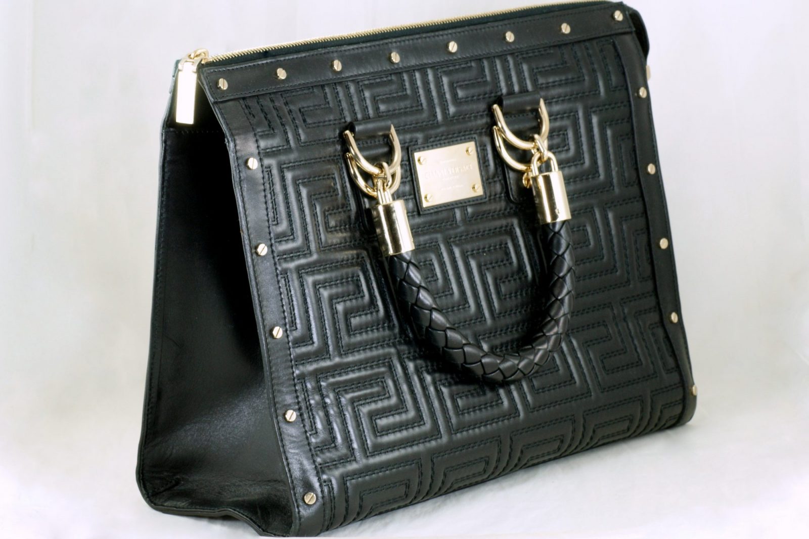 Versace Greek Key Black And White Handbag - Tagotee